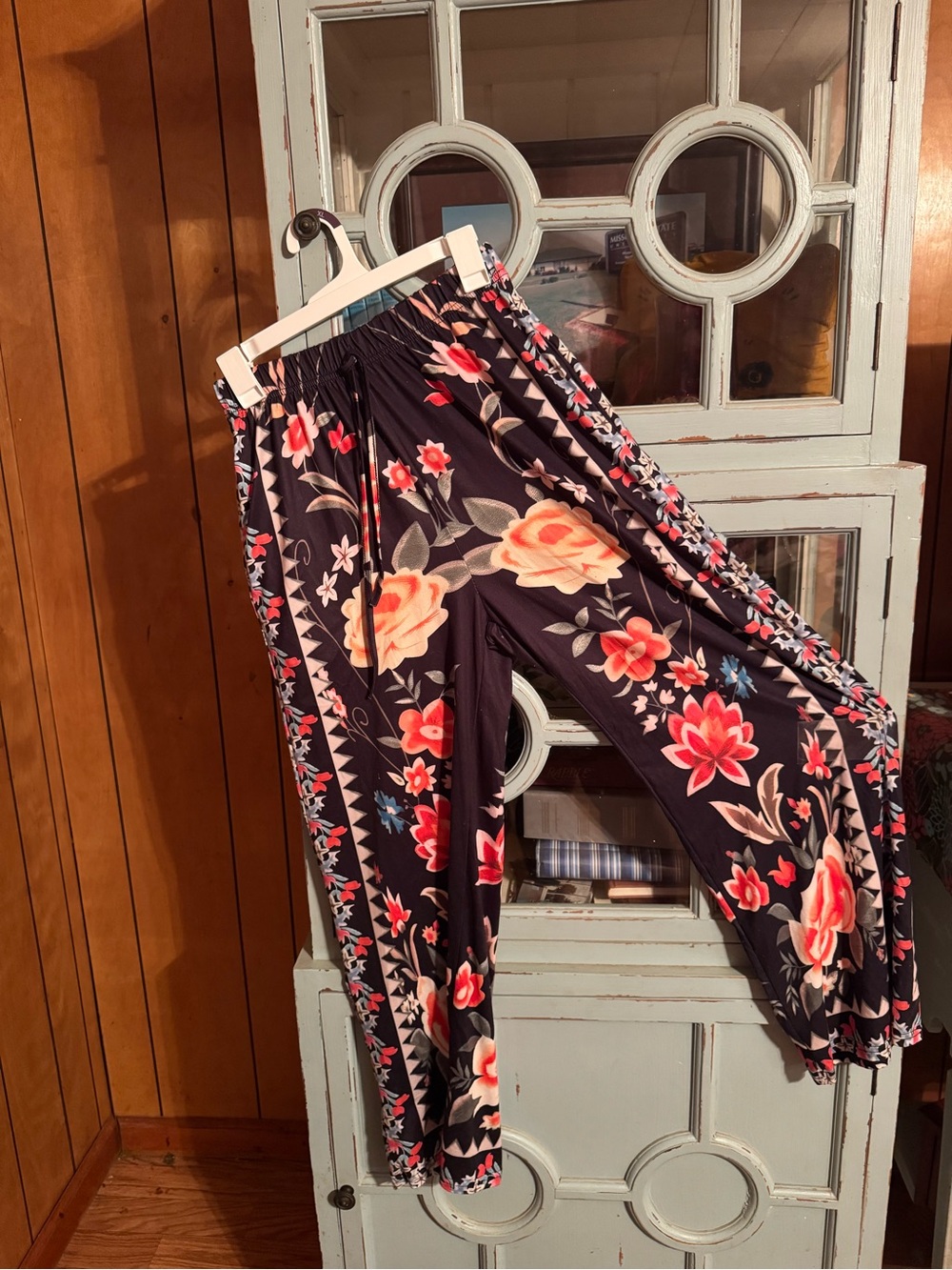Floral Elastic-Waist Women's Pants - Navy Pink & Coral Flowers Size Medium B9